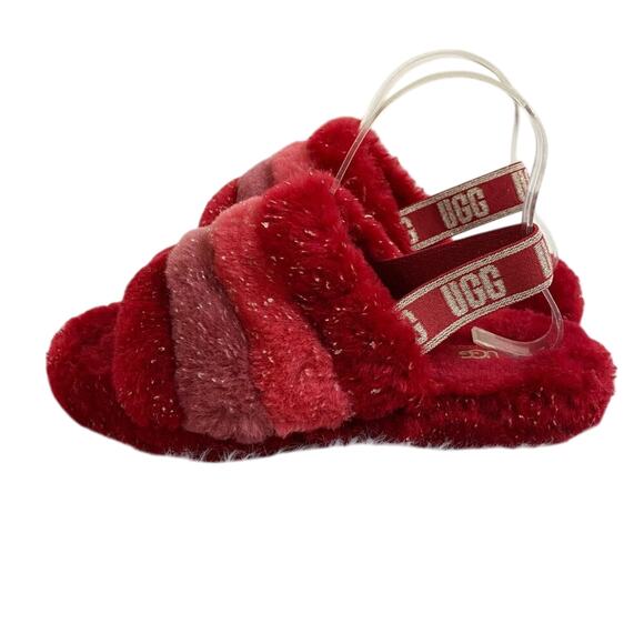 Ugg Red Fluff Yeah Slipper Slide Sandals Metallic Gold Accent Women's Size 6 EUC - Picture 2 of 10